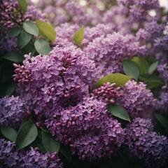 Branch of lilac flowers with green leaves, floral natural seasonal hipster background. Generative AI
