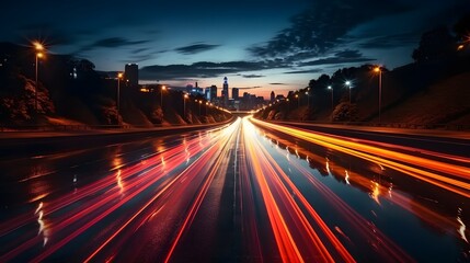 Fototapeta na wymiar A long exposure photo of a highway at night. Generative AI