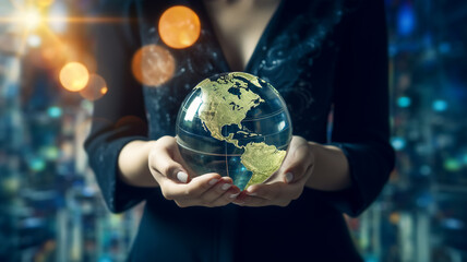 Fototapeta premium ESG environmental social governance business strategy investing concept. Businessman holding green earth globe world .Ethical and sustainable investing. Enhance ESG alignment of investments . Eco.