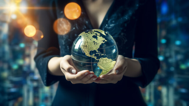ESG environmental social governance business strategy investing concept. Businessman holding green earth globe world .Ethical and sustainable investing. Enhance ESG alignment of investments . Eco.