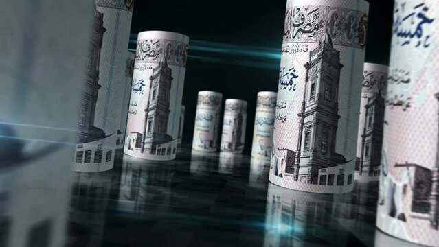Libya money Libyan Dinar rolls loop 3d animation. Money on the table. Seamless and loopable abstract concept of economy, finance, business and recession. Camera between LYD rolled banknotes.