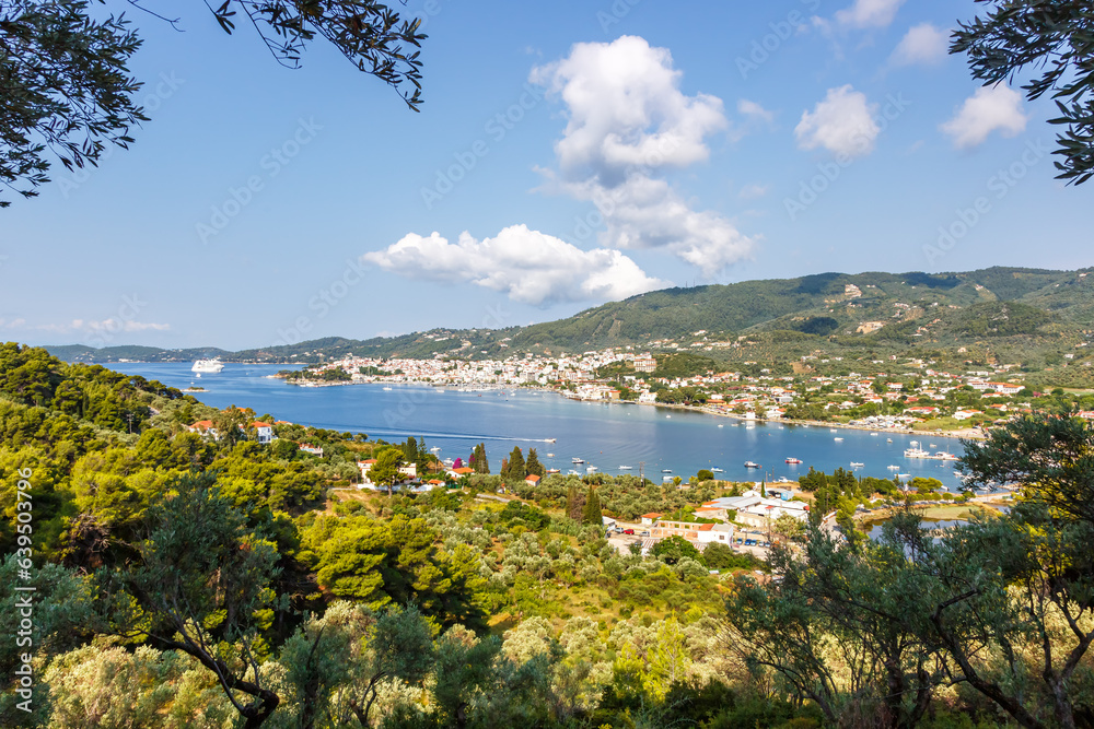 Canvas Prints Overview of sea bay and Skiathos town vacation at the Mediterranean Sea Aegean island in Greece