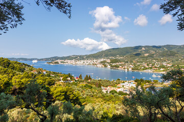 Overview of sea bay and Skiathos town vacation at the Mediterranean Sea Aegean island in Greece
