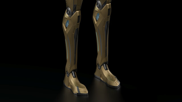 Futuristic robot legs or feet of cyber machine. 3d rendering isolated on black background