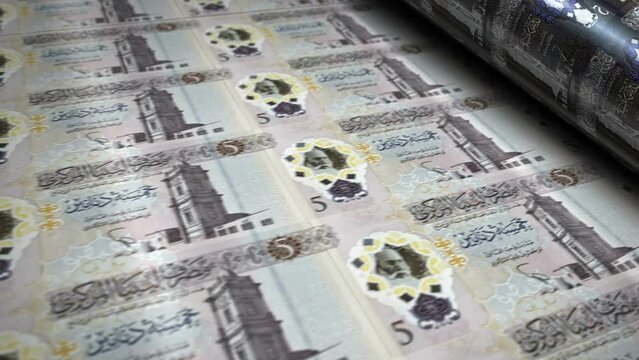Libya money Libyan Dinar money banknotes printing roll machine loop. Paper LYD bank note print 3d looping seamless. Abstract concept of banking, debt, finance, economy and crisis.