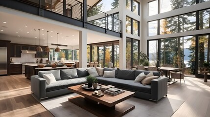 Beautiful living room interior in new luxury home with open concept floor plan. Shows kitchen, dining room, and wall of windows with amazing exterior, Generative AI