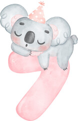 Cute birthday koala with pink number 7, seven, cartoon watercolour illustration 