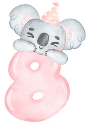 Cute birthday koala with pink number 8, eight, cartoon watercolour illustration 