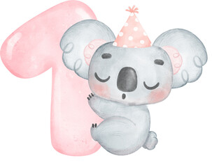 Cute birthday koala with pink number 1, one, cartoon watercolour illustration 