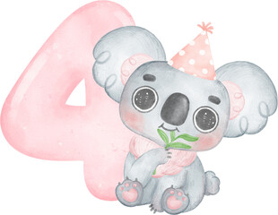 Cute birthday koala with pink number 4, four, cartoon watercolour illustration  © Natsicha