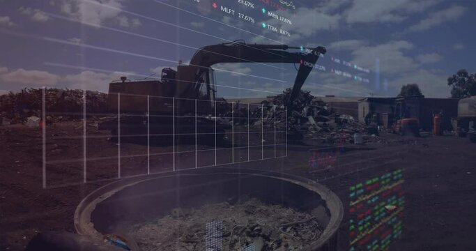 Animation of graphs, trading boards, smoke from burning scrap, crane in junkyard against cloudy sky