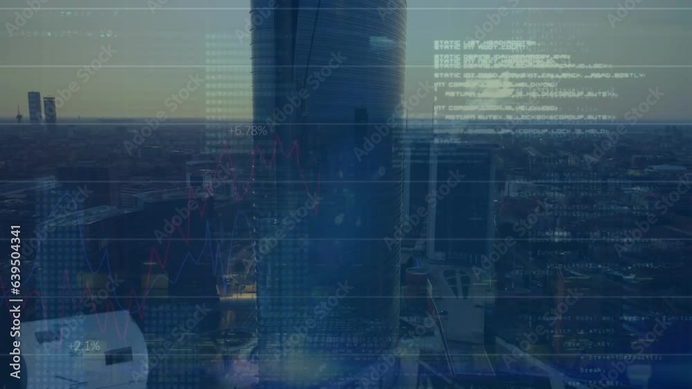 Poster animation of binary codes, graphs, changing numbers, computer language, aerial view of modern city