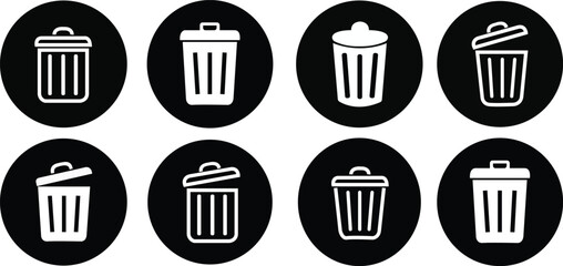  black Bin icon set. Trash can collection. Trash icons set. Web icon, delete button. stroke pictogram Delete symbol flat style isolated on white background .