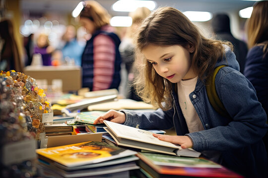 Girl chooses a book in a bookstore, library, generative ai