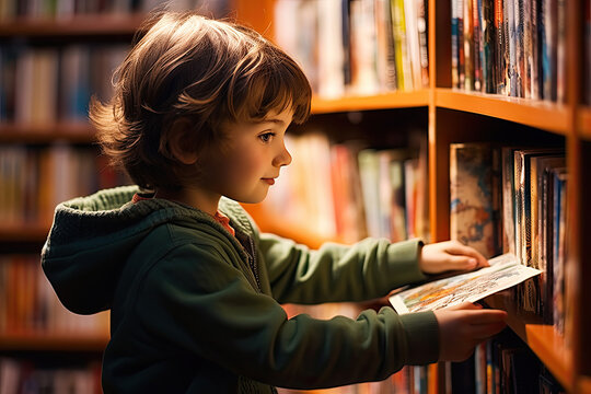 Girl chooses a book in a bookstore, library, generative ai