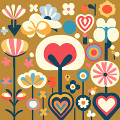 Design elements and shapes for abstract backgrounds and modern art - hippie groovy vibes with flowers and waves. Ethnic colorful doodle texture. Curved doodling background