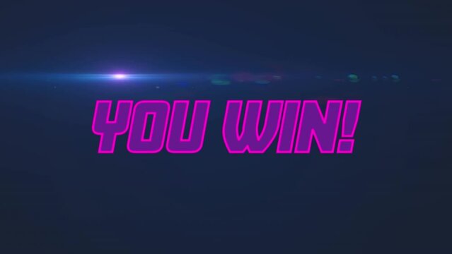 Animation of glitched you win text with lens flares over black background