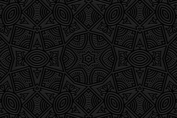 Embossed black background, cover design. Geometric ethnic 3D pattern, press paper, leather. Boho, unique handmade, anti-stress. Ornamental art of the East, Asia, India, Mexico, Aztec, Peru. 