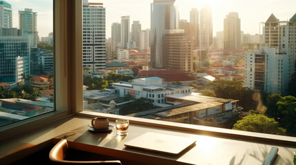 Fototapeta na wymiar modern office room with sunset, light and bokeh, tower view background. 