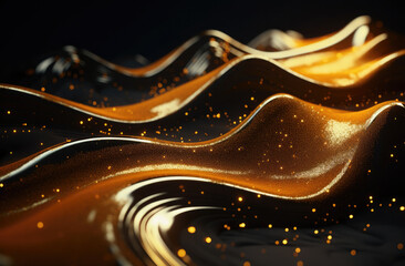 Abstract golden liquid wave in black background. created by generative AI technology.