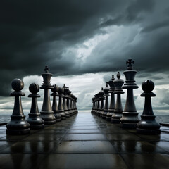 The lineup of chess pieces, dark cloud background
