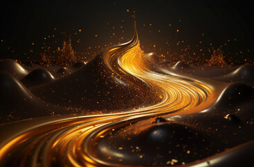 Obraz premium Abstract golden liquid wave in black background. created by generative AI technology.