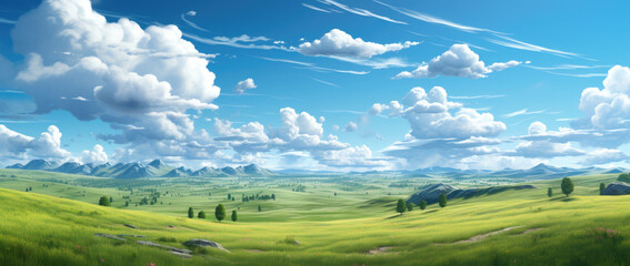 Fantasy landscape with meadow, mountains and clouds. 3d illustration. created by generative AI technology.