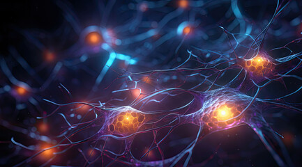 Naklejka na ściany i meble neuron cell and neurons in connection with glowing light. created by generative AI technology.