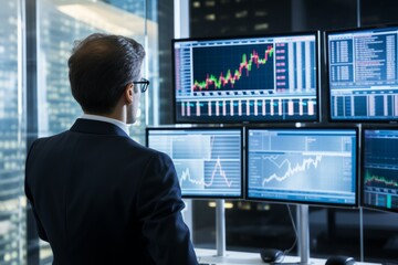 Investor tracking stock price trader shareholder global exchange financial advisor analysing market shares economy business businessman financial graph chart global recession bump dump risk management