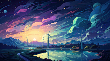 Obraz premium Night landscape with wind turbines on the river bank, vector illustration. created by generative AI technology.