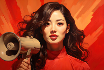 Portrait of a beautiful asian woman holding a megaphone. created by generative AI technology.