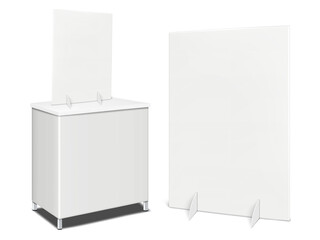 Blank white exhibition counter with floor and table display stands. Vector mockup set. Mock-up for design