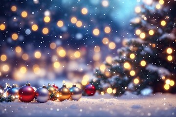 Close up of balls on christmas tree. Bokeh garlands in the background. New Year concept.