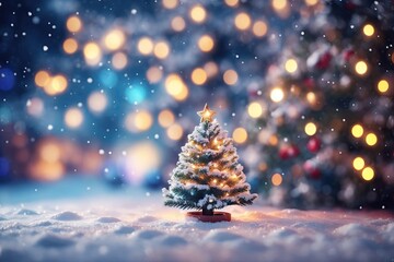 Little Christmas Tree on snow christmas background, against dark defocused lights background.