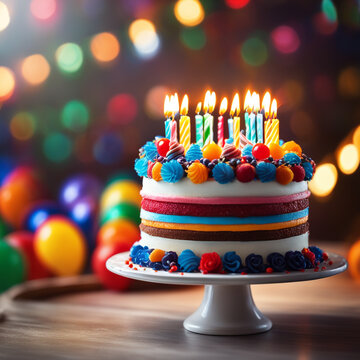 Birthday cake with 7 candles in rainbow colors on a blurred background of festive colors.