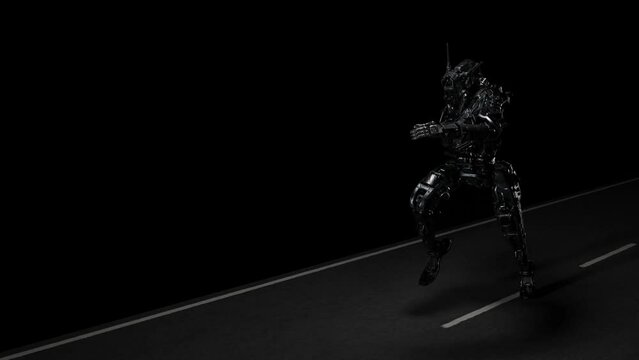 robot, android running, road in the dark, black background, 3d render, background for music