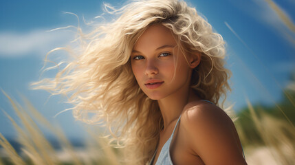 Youful blond girl on vaccation at summer time - obrazy, fototapety, plakaty