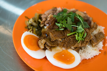 Braised pork leg rice and boiled egg. Stewed pork famous dish in Thailand