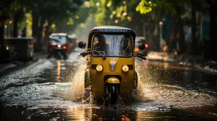 Tuk tuk driving through a flooded street during a flood caused by heavy rain.