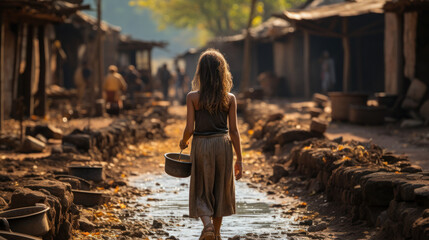 Young girl walking in a small water puddle in the village in India. - obrazy, fototapety, plakaty