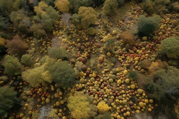 Naklejka na ściany i meble Bird's-eye view of forested terrain covered with lush vegetation, surrounded by various gourds and nuts. Generative AI