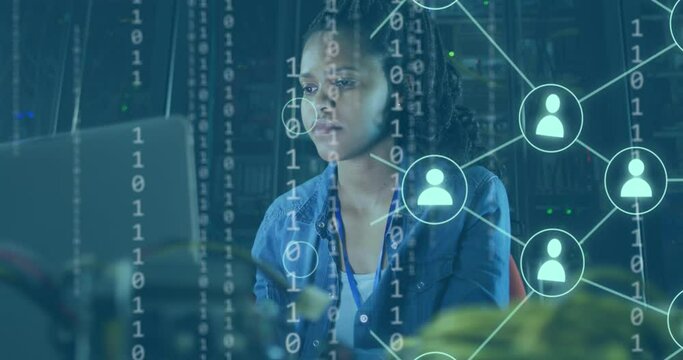Animation of flowchart of icons, binary codes, tired african american woman removing spectacles