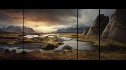 Fantasy landscape with lake, mountains and clouds.