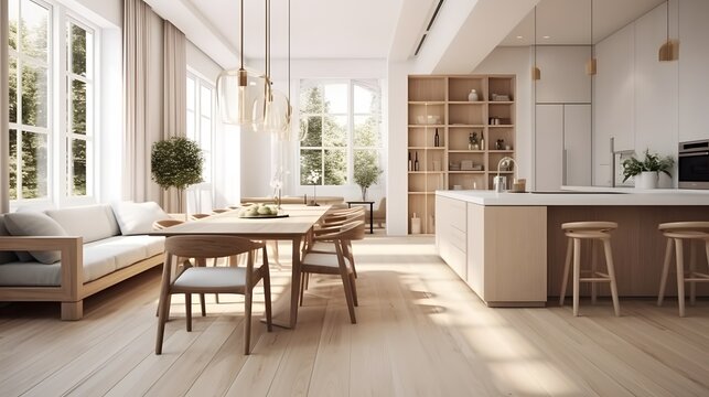 Dining room and kitchen in a new open plan home. Features White walls and ceiling and parquet floors. Beautiful furniture made of wood and marble light-colored furniture fronts Generative AI