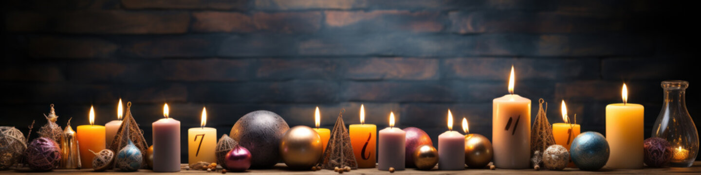 Banner image of Candle with bible on a old oak wooden table. Beautiful gold background. Religion concept.