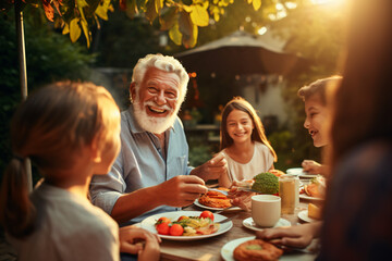 Happy Senior Grandfather Talking and Having Fun with His Grandchildren, Holding Them on Lap at a Outdoors Dinner with Food and Drinks. Adults at a Garden Party Together with Kids - obrazy, fototapety, plakaty
