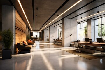 Contemporary office space featuring polished concrete floors, wood accents, linear design, and strip lights. Generative AI