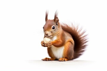 Naklejka na ściany i meble Red squirrel with hazel nut, sitting sideways, eating. Tail up. Isolated on white background. Generative AI
