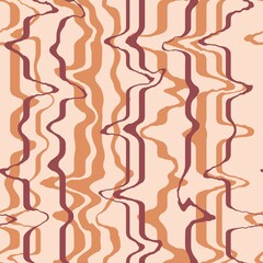 Hand drawn seamless pattern with minimalist lines waves curves, stripes striped abstract geometric design. Beige apricot blush brown print, trendy warm colors, creative stroke doodle. Retro vintage