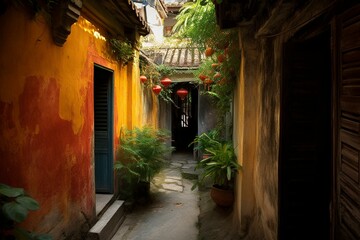 A narrow passage in Hoi An, Vietnam. Generative AI